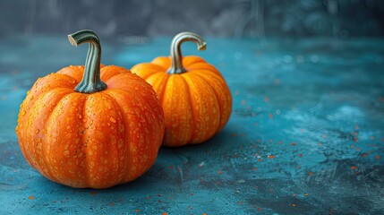 Wall Mural - Two decorative pumpkins are displayed on a pastel blue background, providing an autumn-themed seasonal banner design with copy space.