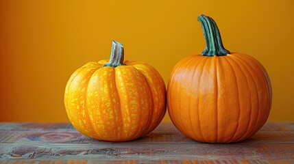 Wall Mural - Two decorative pumpkins on a wooden table with an orange background set the scene for a seasonal holiday banner design for Thanksgiving or Halloween.