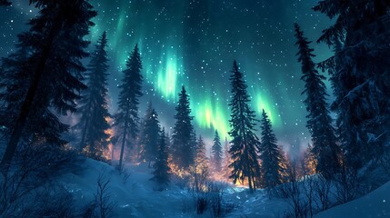 Wall Mural - Enchanted Forest Under Northern Lights