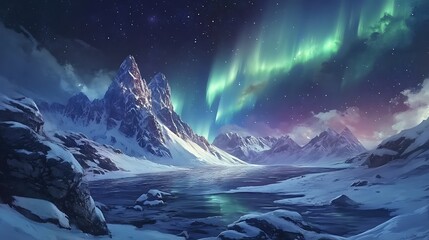 Wall Mural - Northern Lights Over Snowy Mountains