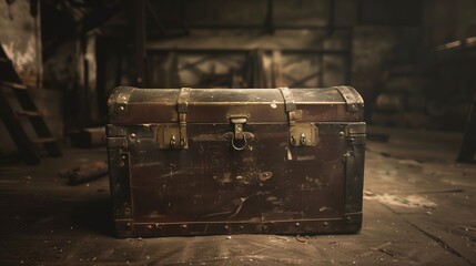 Old, weathered wooden chest with metal accents in a dark, dusty room.