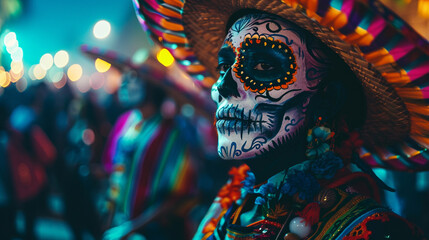 Halloween banner. Dia de los Muertes, street party, woman wearing mexican hat and catrina makeup on his face	