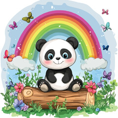 Wall Mural - Cute cartoon panda sitting on the wood in garden with rainbow background vector