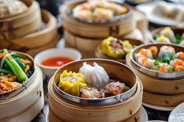 A variety of dim sum served in bamboo steamers, showcasing colorful and appetizing dishes.