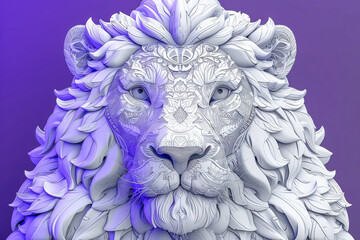 Wall Mural - Majestic white lion sculpture with floral ornaments on purple background