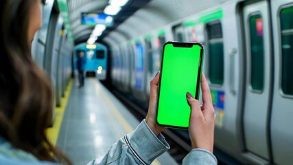 woman holding showing smartphone with green screen in blurred subway train, perfect for showcasing apps and mobile technology, vertical phone orientation, travel and navigation