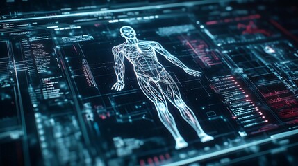 Poster - futuristic human anatomy displayed on a digital interface, showcasing advanced technology and medica