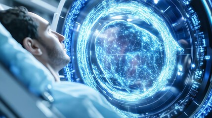 Poster - A man in a futuristic environment interacts with a holographic brain, showcasing advanced technology and human potential.