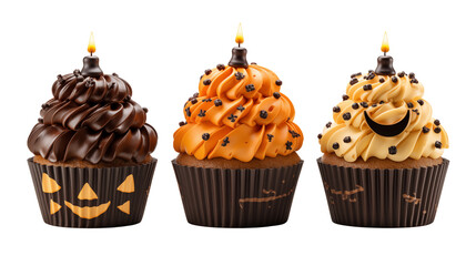 Sticker - three cupcakes Halloween toothpick circle on top pumpkin isolated on transparent background.