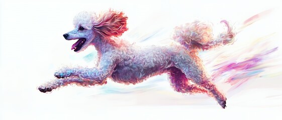 Naklejka na meble A white poodle with a pink and purple fur and tail with a white background is jumping  in the air.