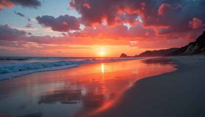 Stunning Sunset Over Calm Ocean with Vibrant Red and Orange Sky Reflecting on Serene Beach Shoreline - Tranquil Nature Scene Captured at Golden Hour