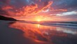 © 藤川忠彦 - Stunning Sunset Over Calm Ocean with Vibrant Red and Orange Sky Reflecting on Serene Beach Shoreline - Tranquil Nature Scene Captured at Golden Hour