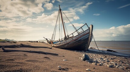 Wall Mural - A view of the ruins of a wooden sailing boat in the old harbour. Neural network ai generated art