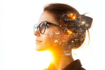 Wall Mural - Conceptual image of an AI company leader with a silhouette filled with digital and tech symbols, reflecting on business goals for the next year, set against a white background with sunlight flaring.