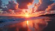 © 藤川忠彦 - Stunning Sunset Over Calm Ocean with Vibrant Red and Orange Sky Reflecting on Serene Beach Shoreline - Tranquil Nature Scene Captured at Golden Hour