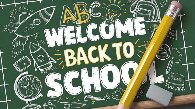 Welcome Back to school horizontal banner, doodle on checkered paper background, vector illustration.