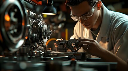 Poster - Technician Carefully Measuring Parts with Calipers in Industrial Workshop