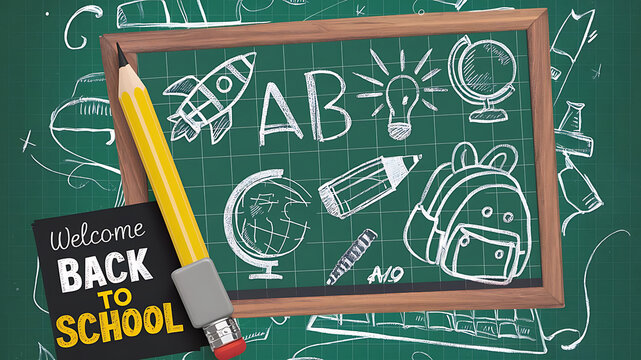 Welcome Back to school horizontal banner, doodle on checkered paper background, vector illustration.