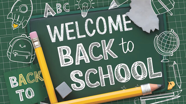 Welcome Back to school horizontal banner, doodle on checkered paper background, vector illustration.