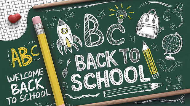 Welcome Back to school horizontal banner, doodle on checkered paper background, vector illustration.