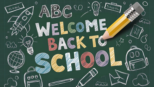 Welcome Back to school horizontal banner, doodle on checkered paper background, vector illustration.
