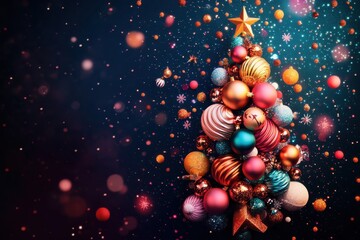 Vibrantly decorated Christmas tree with colorful ornaments and star topper, set against a festive background with glowing lights.