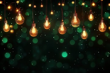 Aufkleber - Vintage light bulbs glowing against a dark green bokeh background, creating a warm and festive atmosphere.