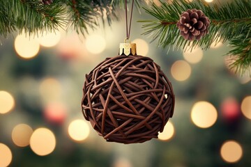 Poster - Close-up of a rustic brown Christmas ornament made of twigs, hanging on a pine branch with a blurred, festive background of warm, glowing lights.