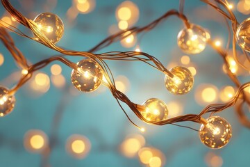 Aufkleber - Close-up of warm glowing fairy lights with bokeh effect, creating a magical and festive atmosphere over a blue background.