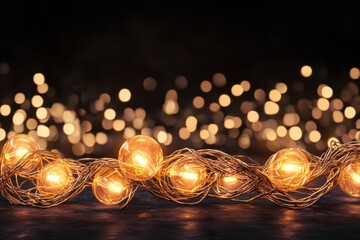 Aufkleber - Close-up of warm yellow string lights glowing in the dark, creating a festive and cozy atmosphere with blurred bokeh background.