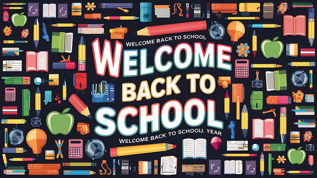 Welcome Back to school horizontal banner, doodle on checkered paper background, vector illustration.