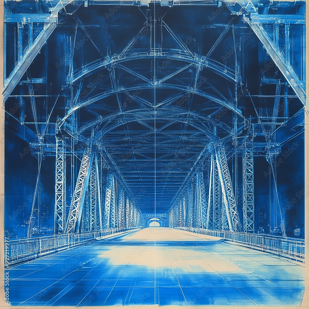 Support Blueprint Skeleton structure of a large bridge, with a detailed blueprint showing ...
