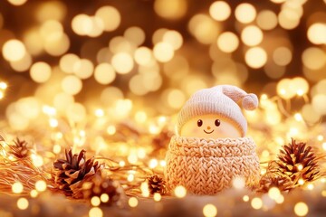 Poster - Cute winter scene with a smiling stuffed toy wearing a knitted hat surrounded by decorative lights and pine cones, creating a warm festive atmosphere.