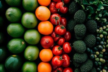 Wall Mural - Fresh assortment of colorful fruits and vegetables arranged neatly on display at a market