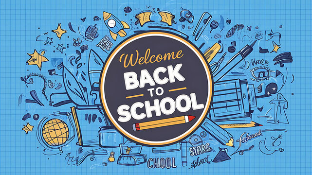 Welcome Back to school horizontal banner, doodle on checkered paper background, vector illustration.