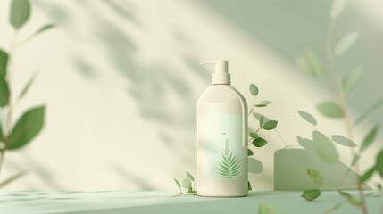 An elegant lotion dispenser with a green botanical design stands poised in soft lighting, surrounded by lush greenery, emphasizing a natural and calming environment.