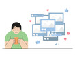 © F.rywhere - vector illustration of people playing social media, with pop up images and posts