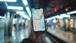 © VK Studio - A smartphone with a map application is held up in a brightly-lit subway station, emphasizing navigation and modern urban travel.