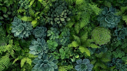 Wall Mural - A top view 3D visualization of a lush vertical garden with a variety of green succulents and ferns, intricately arranged for a dense green wall texture.