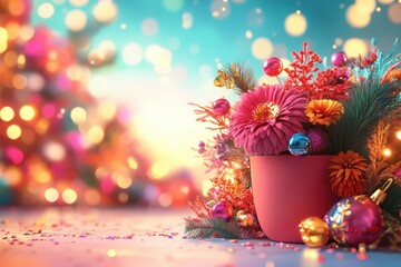 Aufkleber - Festive floral arrangement in a red pot with colorful Christmas decorations, illuminated with warm bokeh lights, creating a holiday ambiance.