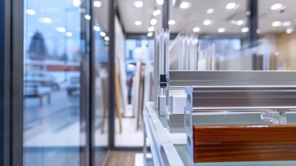 Close-up of window frame materials displayed in a window showroom.