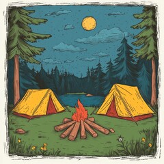 night camping illustration with a bonfire, two tents, and a full moon.