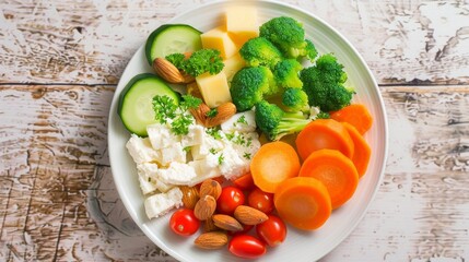 Canvas Print - A colorful, healthy platter of vegetables and nuts arranged beautifully on a wooden table.