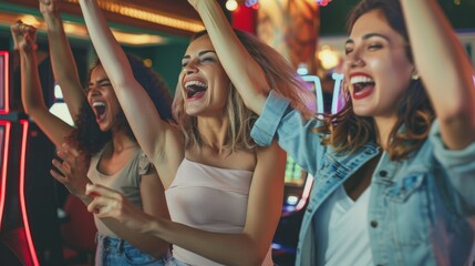 Three young women cheer energetically in an exciting, lively atmosphere, embodying joy and camaraderie.