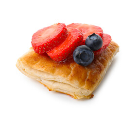 Wall Mural - Tasty puff pastry with berries isolated on white