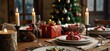 © ChristMasX - Christmas table setting for traditional lunch or dinner on a rustic table with seasonal greeting cards, tableclothes, tableware and festive decorations. Concept of family traditions and celebrations