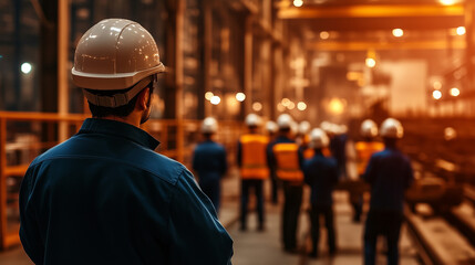 Group of Workers Wearing Hard Hats Observing Production Line in a Steel Factory with Glowing Lights and Machinery in Background, Team Collaboration in Industrial Plant