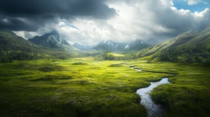 Poster - Scenic mountain landscape with lush green meadow and flowing river.