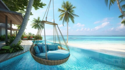 Wall Mural - Hotel On Beach. Amazing Architecture of Outdoor Swimming Pool Waters with Beautiful Swing Sofa