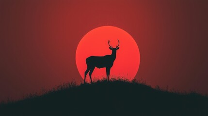 Wall Mural - Silhouette of a deer standing on a hill with a red sun behind it.